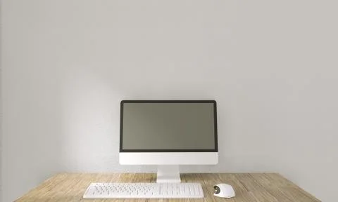 Computer with blank screen  and decoration in office room mock up background. Illustrazione stock