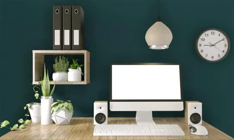 Computer with blank screen  and decoration in office room mock up background. Illustrazione stock