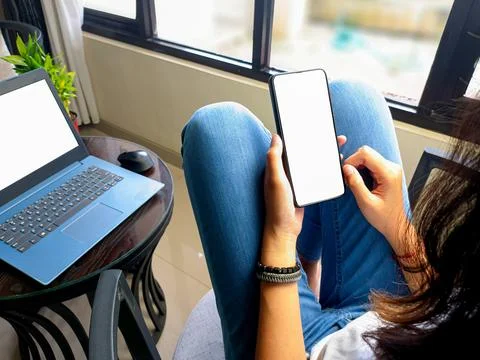 Computer, blank screen phone mockup image with white background Stock Photos