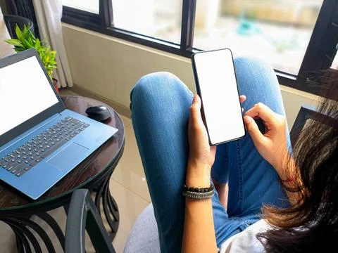 Computer, blank screen phone mockup image with white background Stock Photos