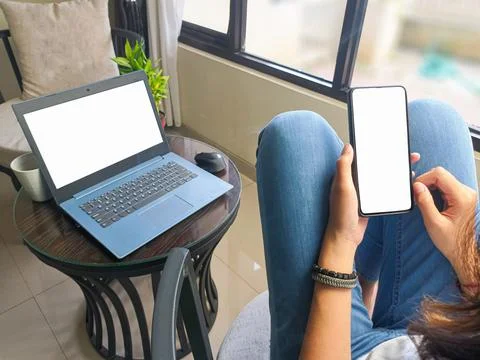 Computer, blank screen phone mockup image with white background Stock Photos