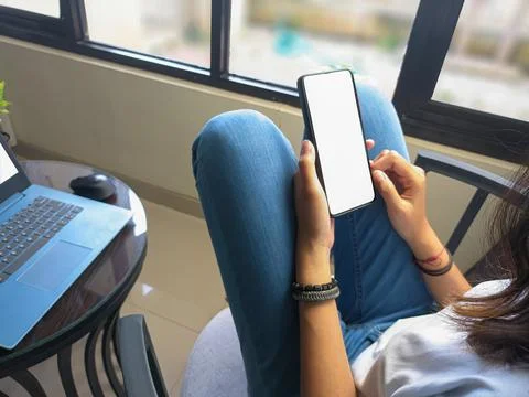 Computer, blank screen phone mockup image with white background Stock Photos