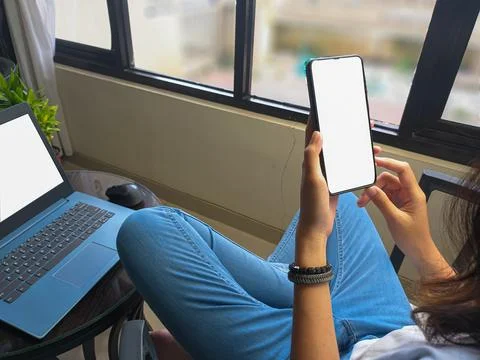 Computer, blank screen phone mockup image with white background Stock Photos