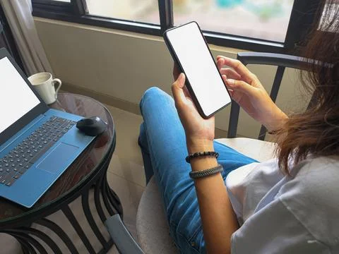 Computer, blank screen phone mockup image with white background Stock Photos