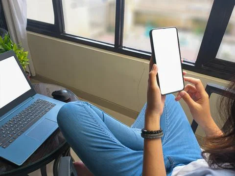 Computer, blank screen phone mockup image with white background Stock Photos