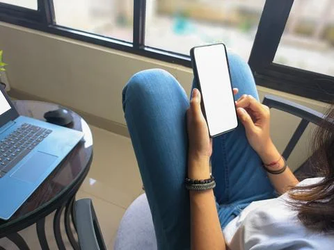 Computer, blank screen phone mockup image with white background Stock Photos