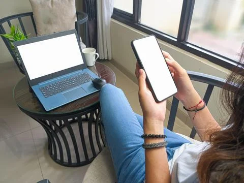 Computer, blank screen phone mockup image with white background Stock Photos