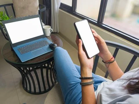 Computer, blank screen phone mockup image with white background Stock Photos