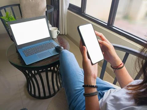 Computer, blank screen phone mockup image with white background Stock Photos