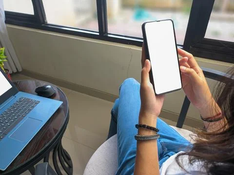 Computer, blank screen phone mockup image with white background Stock Photos