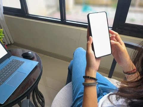 Computer, blank screen phone mockup image with white background Stock Photos