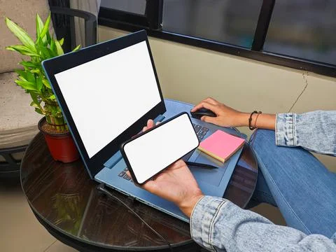 Computer, blank screen phone mockup image with white background Stock Photos