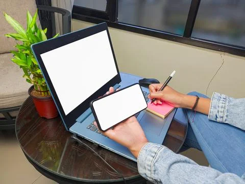 Computer, blank screen phone mockup image with white background Stock Photos