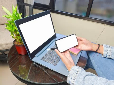 Computer, blank screen phone mockup image with white background Stock Photos