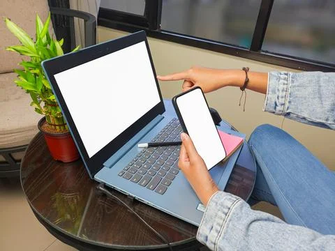 Computer, blank screen phone mockup image with white background Stock Photos