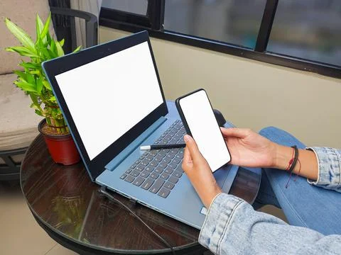 Computer, blank screen phone mockup image with white background Stock Photos