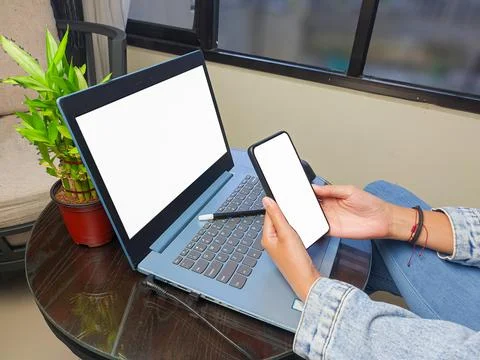 Computer, blank screen phone mockup image with white background Stock Photos