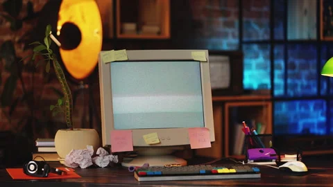 Computer with blank screen in retro office, communications cutoff, white noise Stock Footage 321084919