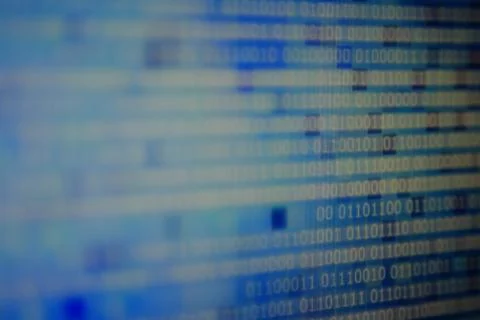 Computer block of binary code on blue pixel background. light and dark multip Stock Photos