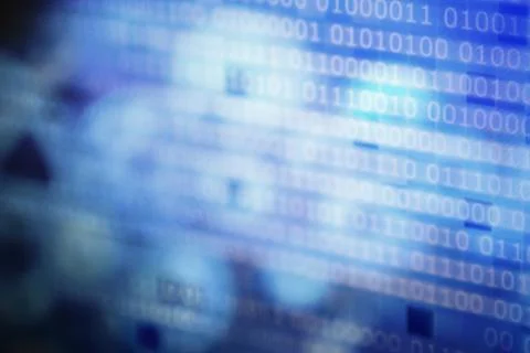 Computer block of binary code on blue pixel background. light and dark multip Stock Photos