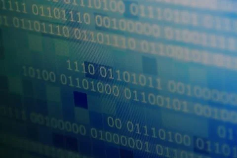 Computer block of binary code on blue pixel background. light and dark multip Stock Photos