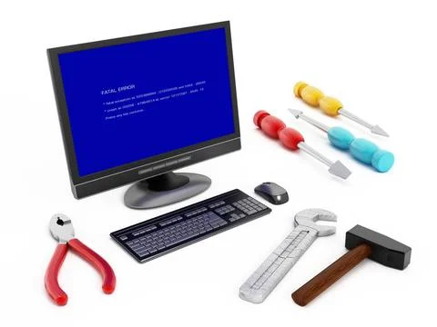 Computer blue screen error Computer with blue screen error and repair tool... Stock Photos