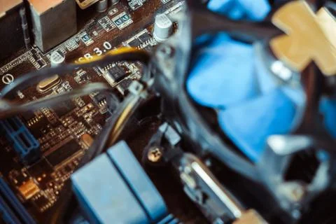 Computer board chip circuit cpu core blue technology Stock-Fotos