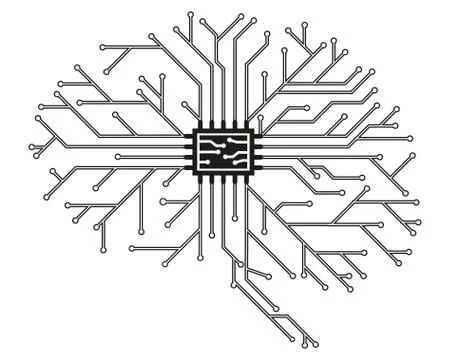 Computer board in the form of a human brain in black with a processor. Abstra Stock Illustration