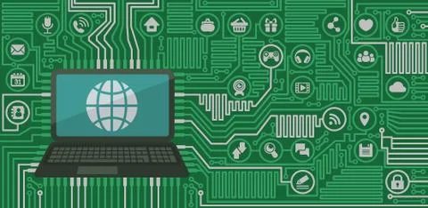 Computer board with a laptop and web icons Illustrazione stock