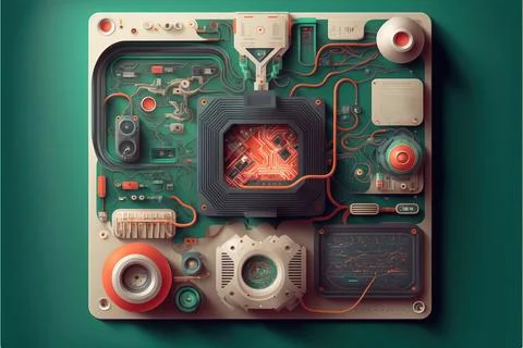 A computer board with a lot of different electronic components on it includ.. Illustrazione stock