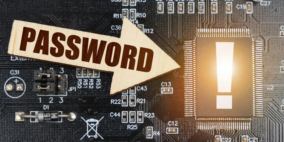 On the computer board, a microcircuit with an exclamation mark and an arrow w Foto stock