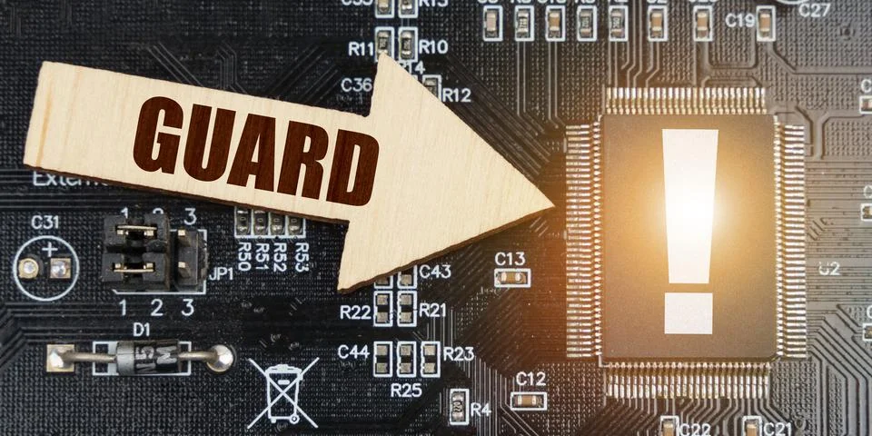 On the computer board, a microcircuit with an exclamation mark and an arrow w Stock Photos