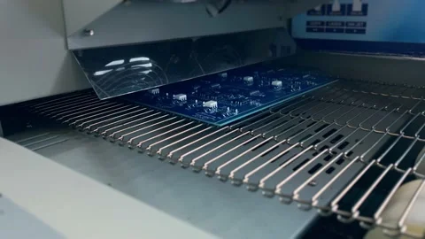 Computer board with Mounted elements exits Electronics Industrial Furnace after Stock Footage 165388609