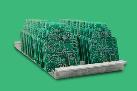 Computer boards in a row on a green background Foto stock