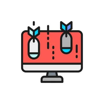 Computer with bomb, virus flat color line icon. Stock Illustration