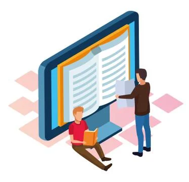 Computer with book on screen and men reading around, colorful design Illustrazione stock