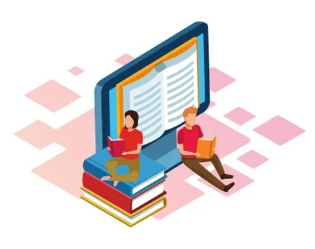 Computer with book on screen and people reading around, colorful design Illustrazione stock