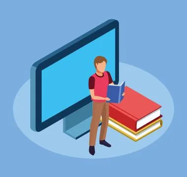 Computer, books and man standing reading a book Stock Illustration