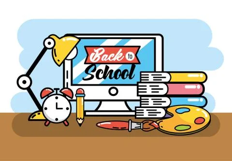 Computer with books and pencil to back school Stock Illustration