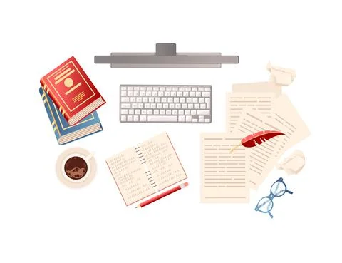 Computer with books papers and coffee writer workplace online education concept Stock Illustration