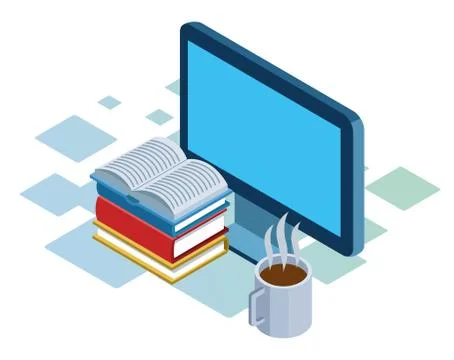 Computer, books stack and coffee mug Stock Illustration