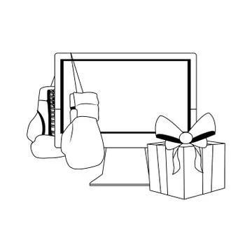 Computer with boxing gloves and gift box, flat design Stock Illustration