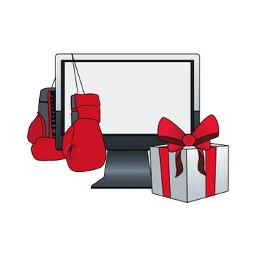 Computer with boxing gloves and gift box, colorful design Stock-Illustration