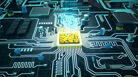 Computer brain, artificial intelligence, cpu dataflow, engineering. Loopable Video stock 88869994
