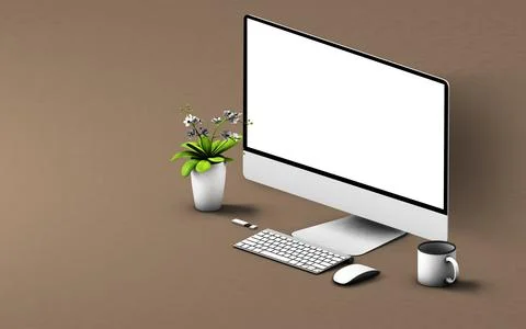Computer on brown background mockup Stock Illustration