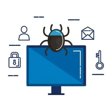 Computer with bug and security icons Stock Illustration