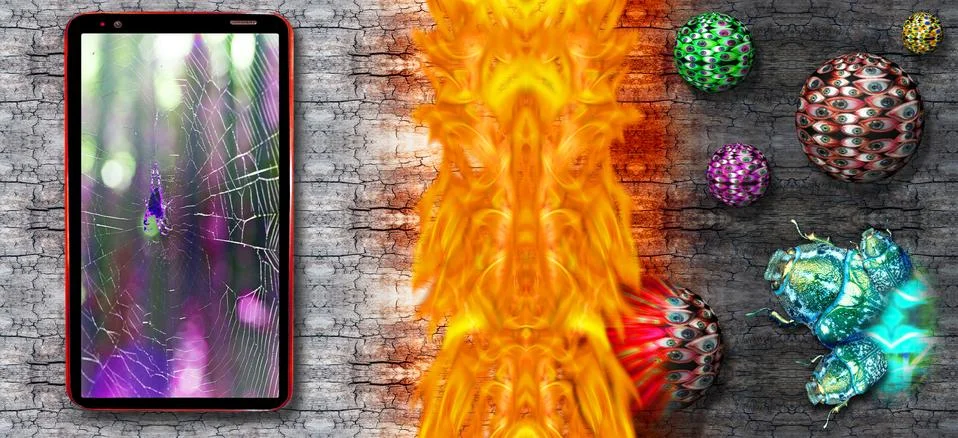 Computer bug and viruses attack on cell phone displaying web and spider in th Stock Photos