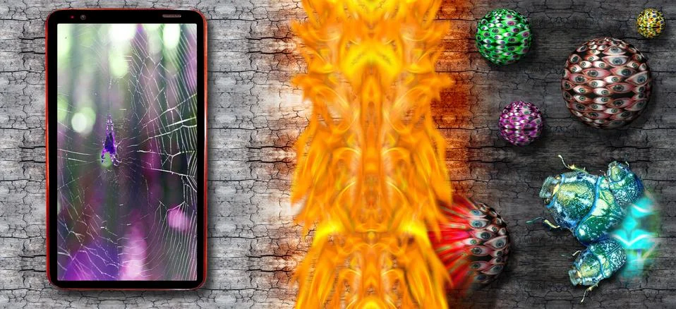 Computer bug and viruses attack on cell phone displaying web and spider in th Stock Photos