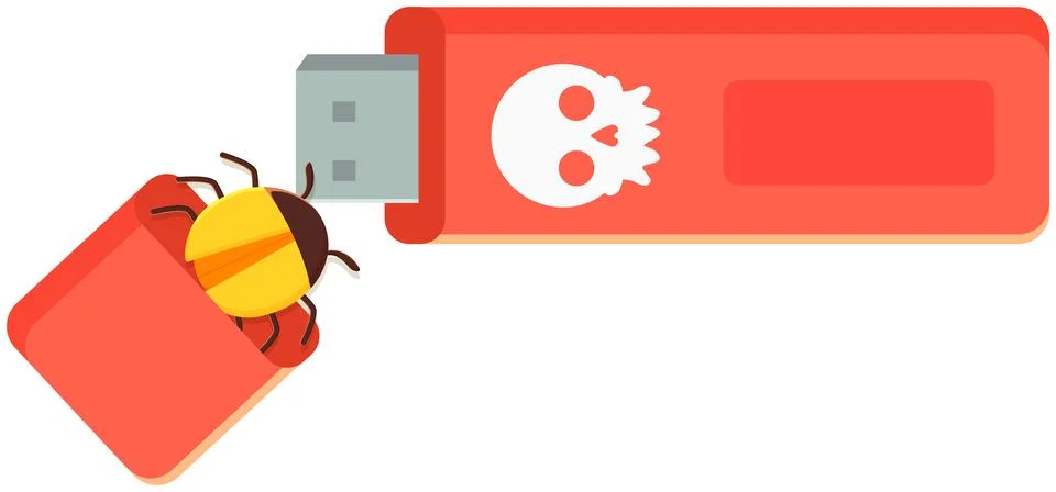Computer bug crawls into USB flash drive storage device, file destruction Stock Illustration