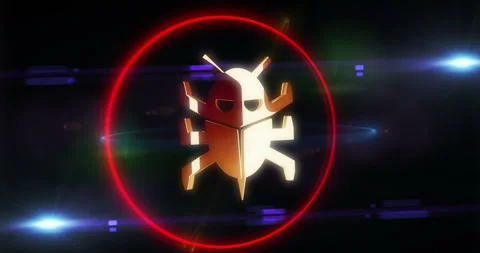 Computer bug cyber attack golden symbol in neon circle Stock Footage 348564476